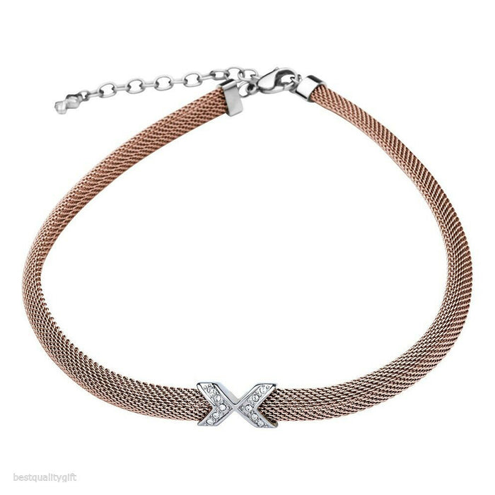 Skagen Womens Rose Gold Silver Tone Stainless steel Domed Mesh crystal Pave Necklace - JNR0015