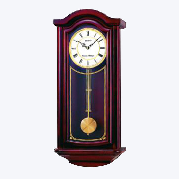 Seiko Cherry Wood Finish Pendulum Chiming Wood Wall Clock - Black Hands - White Dial - QXH118BLH