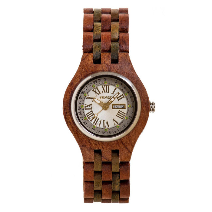 Tense Wood Carine Mens Wood Case and Bracelet White Dial African Rosewood Watch - B4600RG