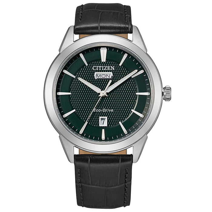 Citizen Mens Eco-Drive Black Leather Strap Textured Green Dial Watch - AW0090-002X