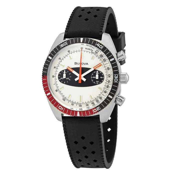 Bulova Mens Surfboard Off-White Dial Black Band Steel Case Chronograph Silicone Strap Watch - 98A252