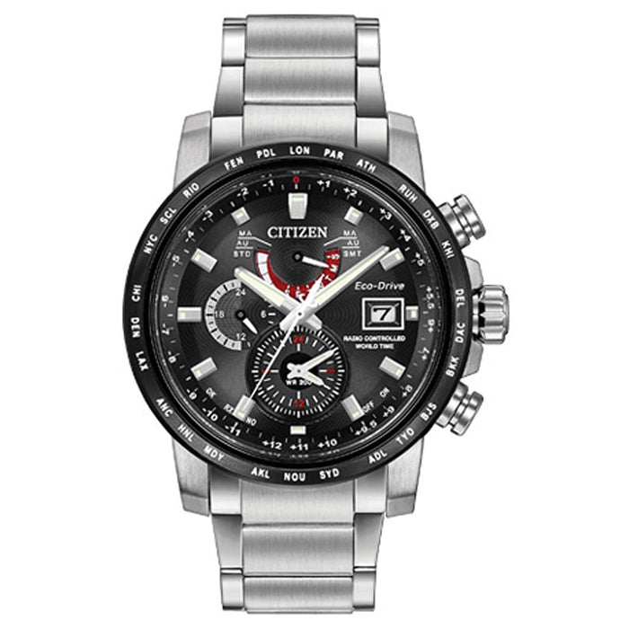 Citizen Mens Eco Drive Black Dial Stainless Steel Case Silver Bracelet Sapphire Round Watch - AT9071-58E