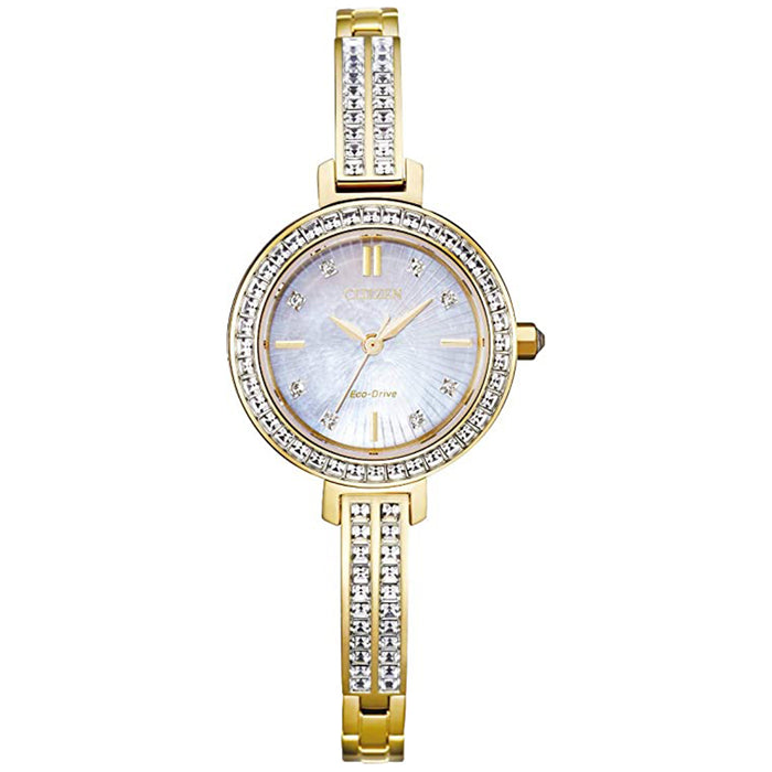Citizen Womens Eco-Drive Silhouette Crystal Gold Tone Bangle Mother-of-Pearl Dial Watch - EM0862-56D