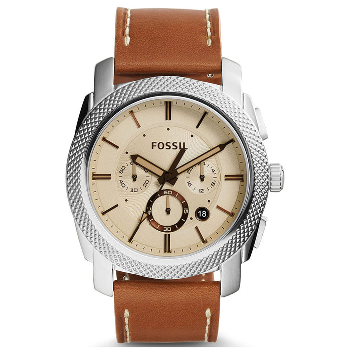 Fossil Mens Machine Chronograph Stainless Steel Case Leather Strap Beige Dial Silver Watch - FS5131