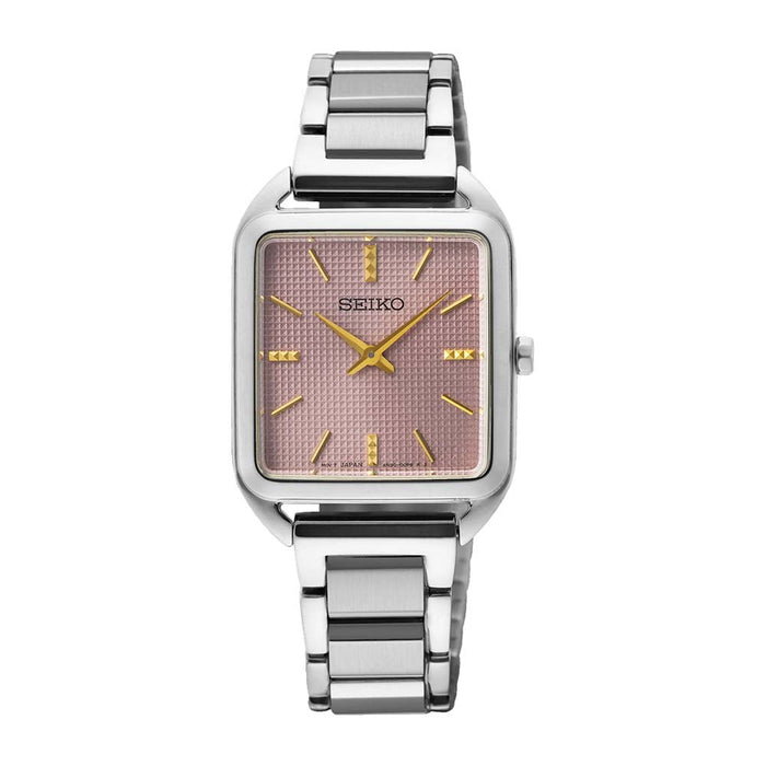 Seiko Women's Pink Cube Textured Dial Silver Stainless Steel Band Quartz Watch - SWR077