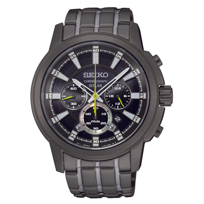 Seiko Mens Solar Core Chronograph Stainless Steel Case and Bracelet Black Dial Grey Watch - SSC391