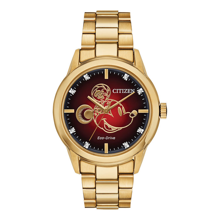 Citizen Unisex Eco-Drive Mickey Mouse Limited Edition Gold-Tone Stainless Steel Bracelet Diamond Accent Red Dial Analog Watch - FE7082-53W