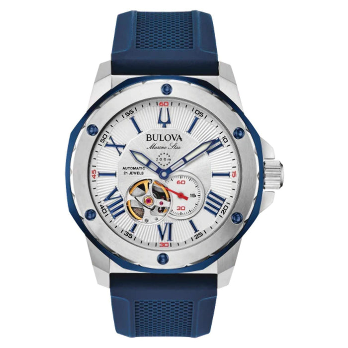 Bulova Mens Marine Star Silver White Crystal Case with Blue Silicone Strap Wristwatch - 98A225