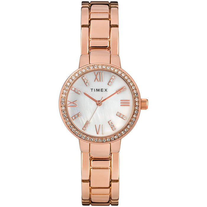 Timex Womens Dress Rose Gold-Tone Bracelet Mother of Pearl Analog Dial Swarovski Crystals Watch - TW2T58500