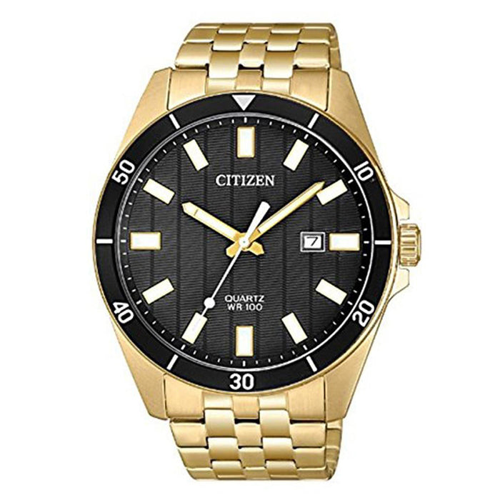Citizen Eco-Drive Mens Gold Stainless Steel Band Black Quartz Dial Watch - BI5052-59E