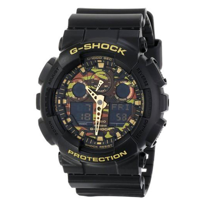 Casio Mens G-Shock Black Ana-Digi Resin Watch - Black Resin Strap - Green Dial - GA100CF-1A9CR