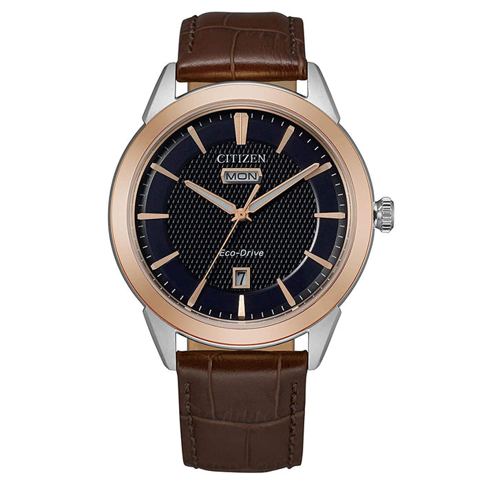 Citizen Mens Eco-Drive Brown Leather Strap Textured Blue Dial Watch - AW0096-06L