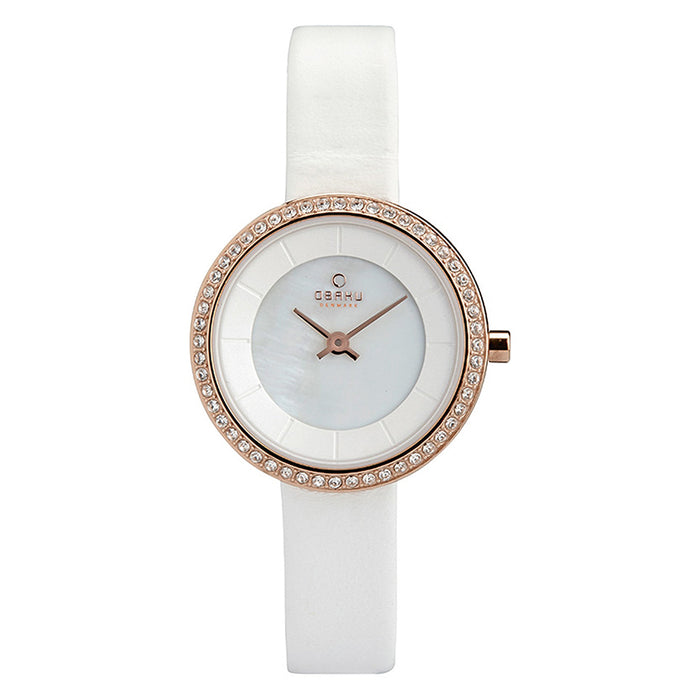 Obaku Womens Rose Gold Plated Case White Dial Leather Strap Round Watch - V146LEVWRW