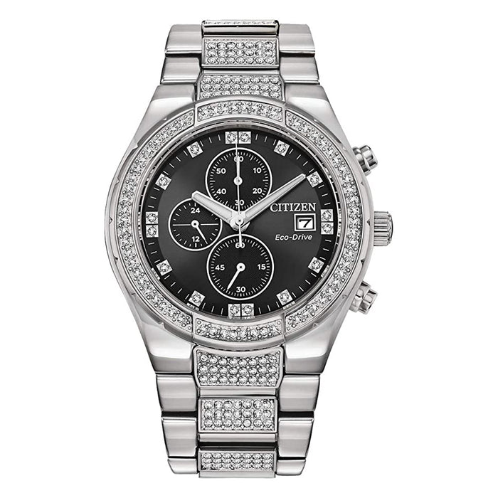 Citizen Mens Crystal Eco Drive Black Dial Stainless Steel Bracelet Chronograph Watch - CA0750-53E