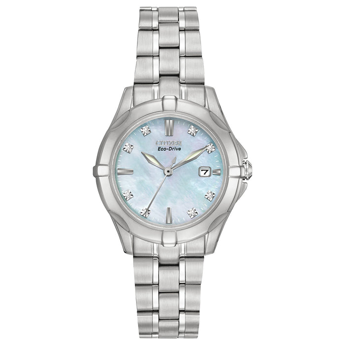Citizen Womens Eco-Drive Diamond Analog Stainless Watch - Silver Bracelet - Pearl Dial - EW1930-50D