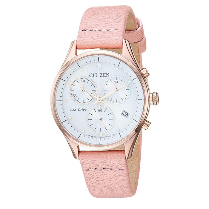 Citizen Womens Eco-Drive White Dial Stainless Steel Japanese-Quartz Leather Pink Calfskin Strap Watch - FB1443-08A