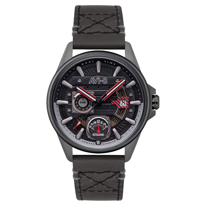 AVI-8 Men's Black Dial Grey Leather Band Hawker Harrier Farley Multifunction Quartz Watch - AV-4098-04