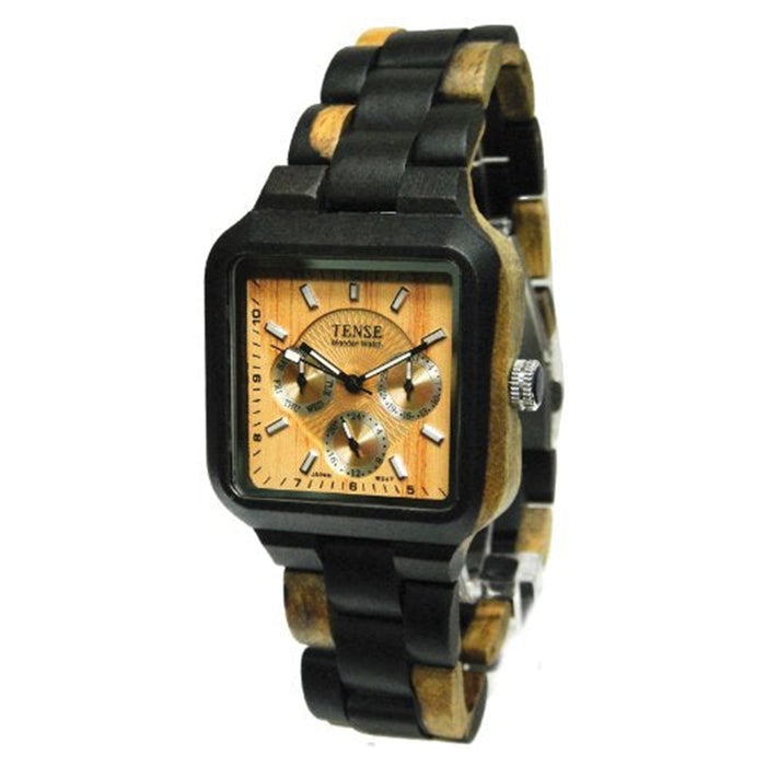 Tense Wood Unisex Natural Dark Maple Multifunction Wood Watch - Wood Bracelet - Wood Dial - B7305DM