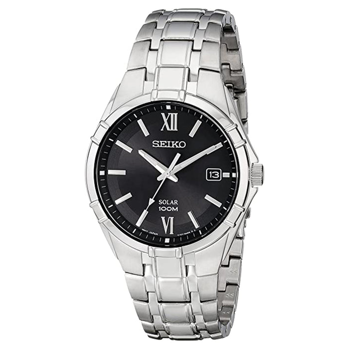 Seiko Mens Classic Black Dial Silver Band Stainless Steel Solar Watch - SNE215