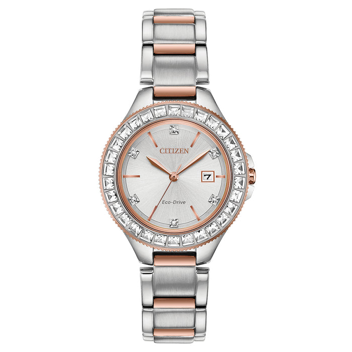 Citizen Eco-Drive Womens Silver/Rose Gold Stainless Steel Band Silver Quartz Dial Watch - FE1196-57A
