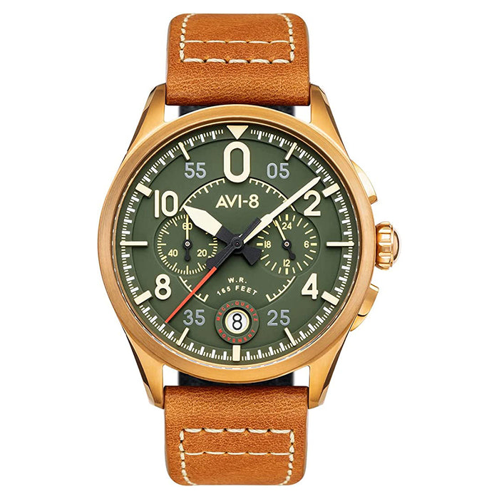 AVI-8 Men's Green Dial Brown Leather Band Chronograph Japanese Quartz Watch - AV-4089-02