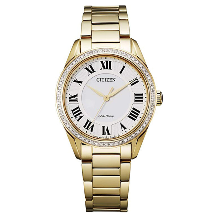 Citizen Womens Eco Drive Arezzo White Dial Stainless Steel Gold-Tone Watch - EM0882-59A