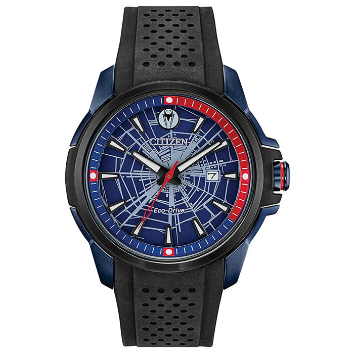 Citizen Mens Marvel Spider-Man Eco-Drive Blue Dial Black Band Stainless Steel Watch - AW1156-01W