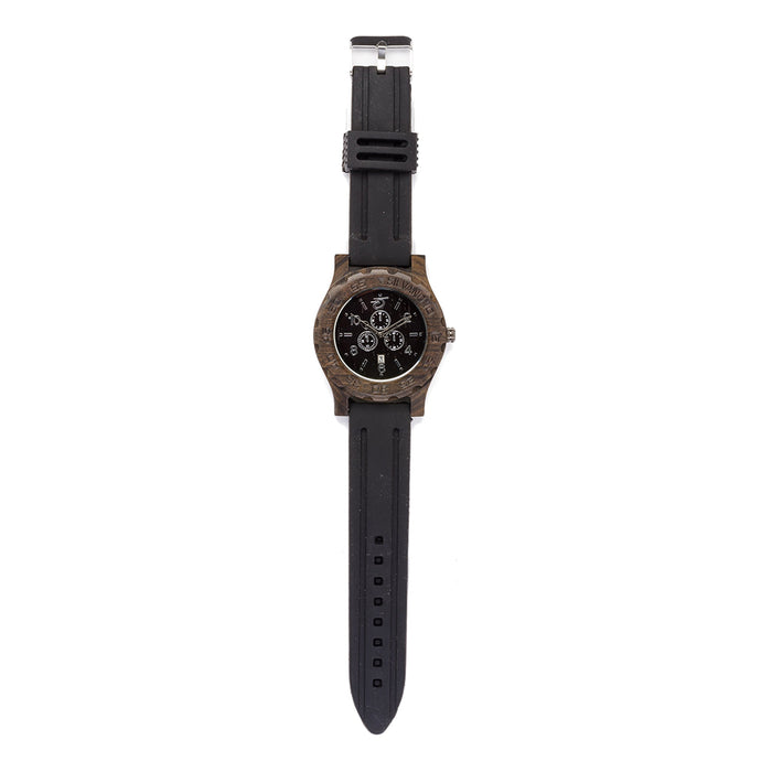 Silvano Mens Barkwood Mahogany Chronograph Wood Watch - Black Rubber Strap - Black Dial - BMR02