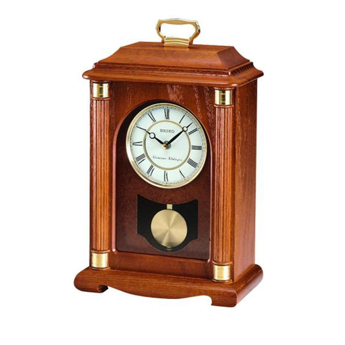 Seiko Oak Pendulum Chiming Wood Mantel Clock - Black Hands - White Dial - QXJ114BLH