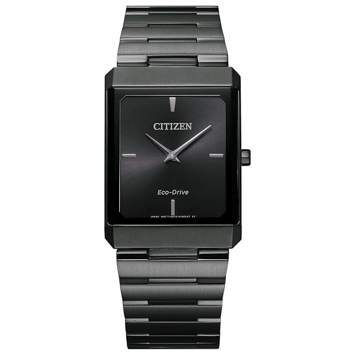 Citizen Mens Eco-Drive Large Stiletto Rectangular Black Dial Gray Band Stainless Steel Watch - AR3107-57E