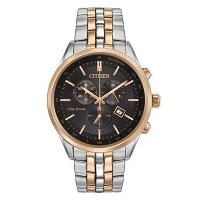 Citizen Eco-Drive Mens Chronograph Stainless Steel Case and Bracelet Black Dial Two-tone Watch - AT2146-59E