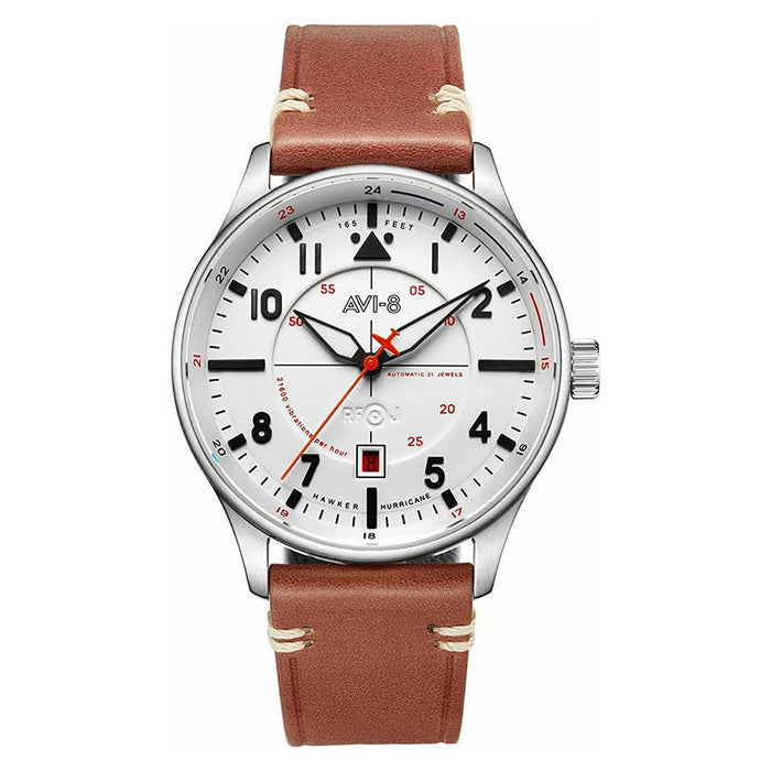 AVI-8 Men's White Dial Brown Leather Band Hawker Hurricane Kent Automatic Watch - AV-4094-01