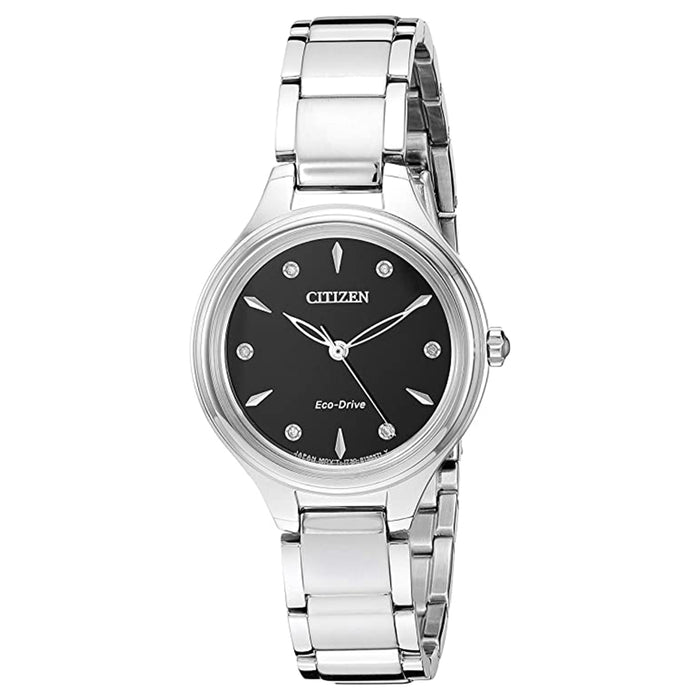 Citizen Womens Eco-Drive Black Dial Silver Band Stainless Steel Quartz Watch - FE2100-53E