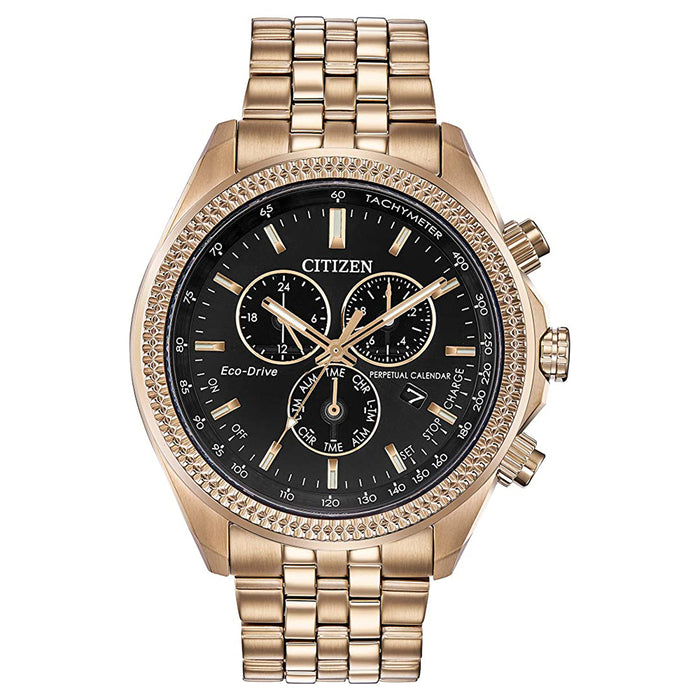 Citizen Mens Brycen Black Dial Rose Gold Band Stainless Steel Chronograph Watch - BL5563-58E