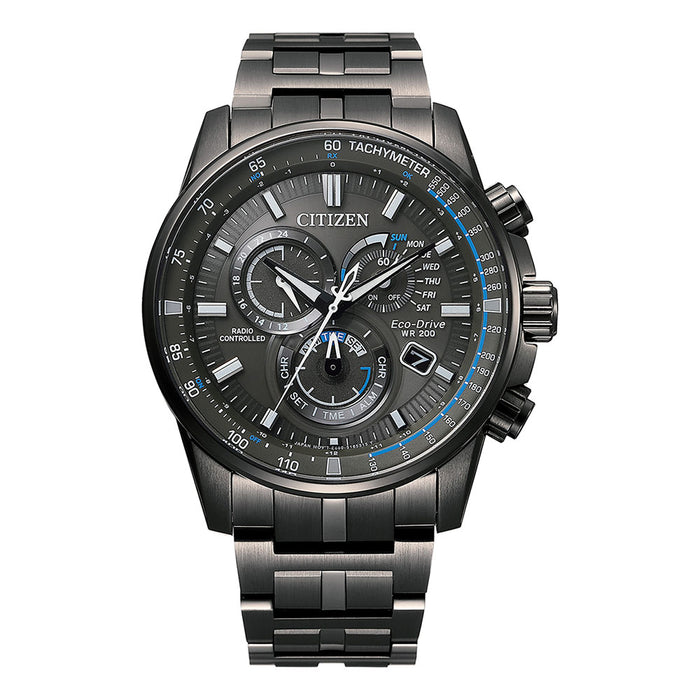 Citizen Eco-Drive Men's PCAT Gray Stainless Steel Bracelet Black Dial Atomic Watch - CB5887-55H