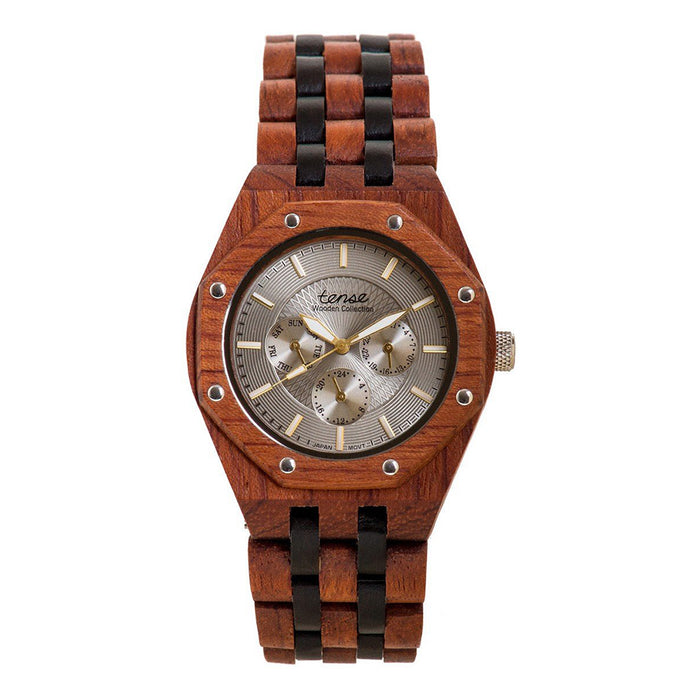 Tense Wood Washington Mens Wood Case and Bracelet Silver Dial African Rosewood Watch - J5803RD