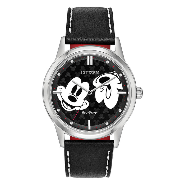 Citizen Eco-Drive Mickey Mouse Collectible Unisex Black Leather Band Black Quartz Dial Watch - FE7060-05W
