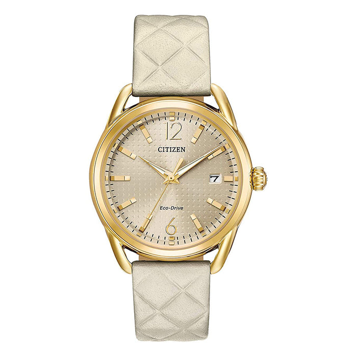 Citizen Womens 'Drive' Quartz Beige Dial Stainless Steel White Leather Band Casual Watch - FE6082-08P