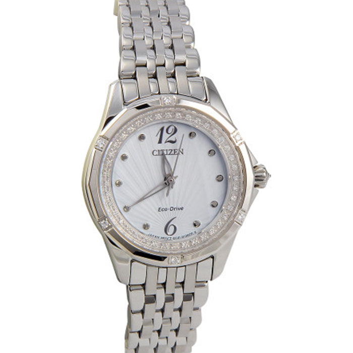 Citizen Eco-Drive Womens Diamond-Accent Stainless Steel Case and Bracelet White Dial Silver Watch - EM0370-51A