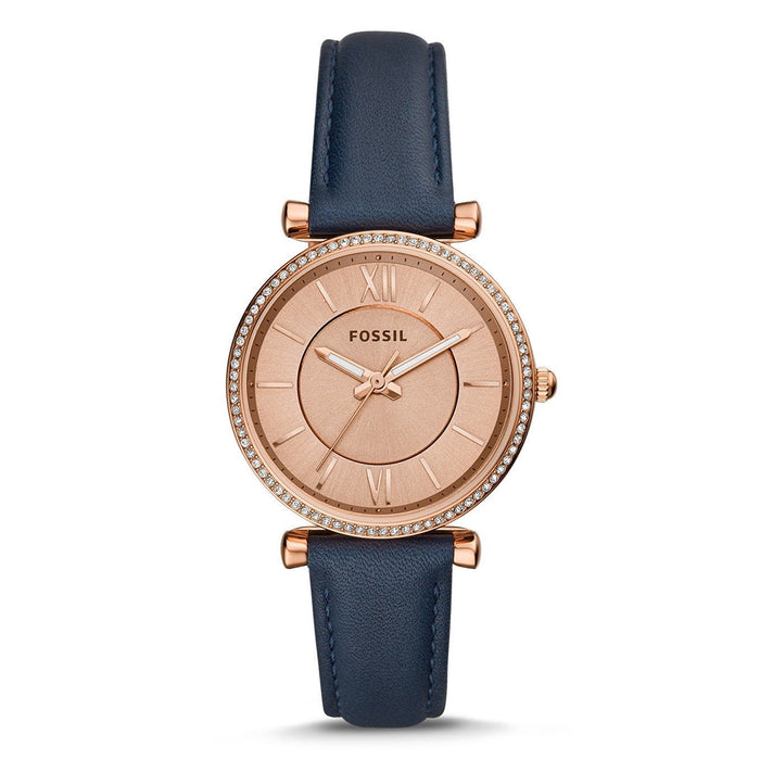 Fossil Carli Womens Navy Leather Band Rose Gold Quartz Dial Watch - ES4485