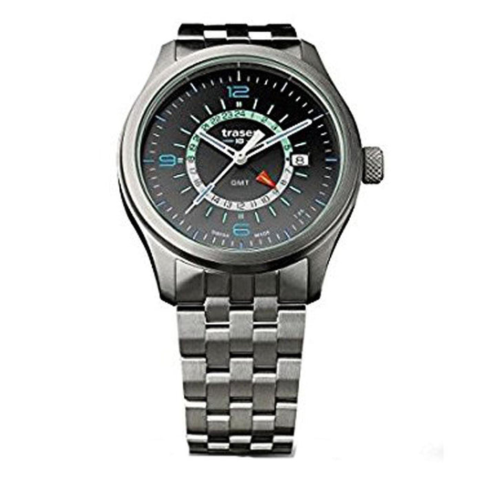 Traser H3 Aurora GMT Mens Silver Stainless Steel Band Grey Quartz Dial Watch - 107232