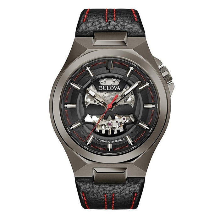 Bulova Precisionist Mens Black Leather Band Maquina Skeleton Dial Automatic Watch - 98A237