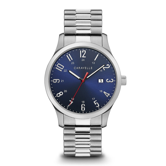 Caravelle Mens Silver Bracelet Band Dark Blue Three-Hand Quartz Dial Watch - 43B161