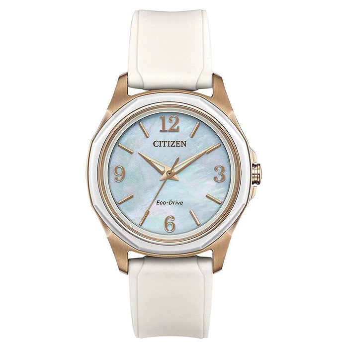 Citizen Eco Drive Womens White Silicone Band Mother of Pearl Quartz Dial Watch - FE7056-02D