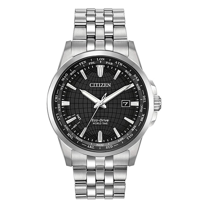 Citizen Mens Eco-drive Black Dial Silver Band World Time Perpetual Calendar Stainless Steel Watch - BX1000-57E