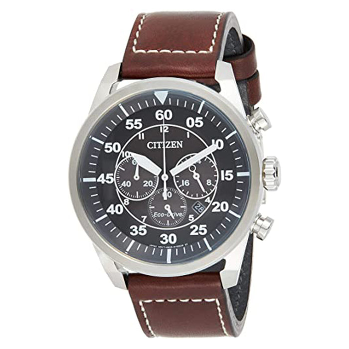 Citizen Mens Eco-Drive Avion Black Dial Brown Leather Band Chronograph Stainless Steel Watch - CA4210-24E