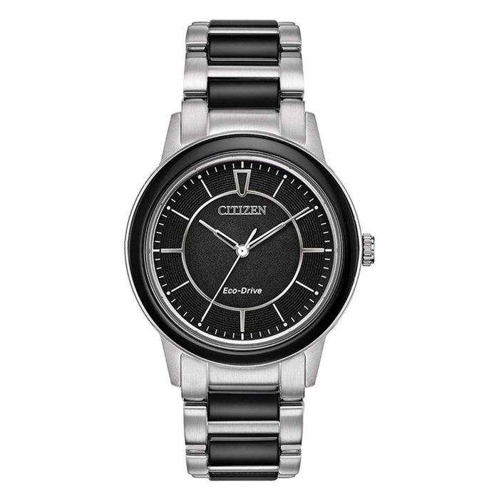 Citizen Axiom Eco-Drive Womens Silver/Black Stainless Steel Ceramic Band Silver Quartz Dial Watch - EM0741-51E