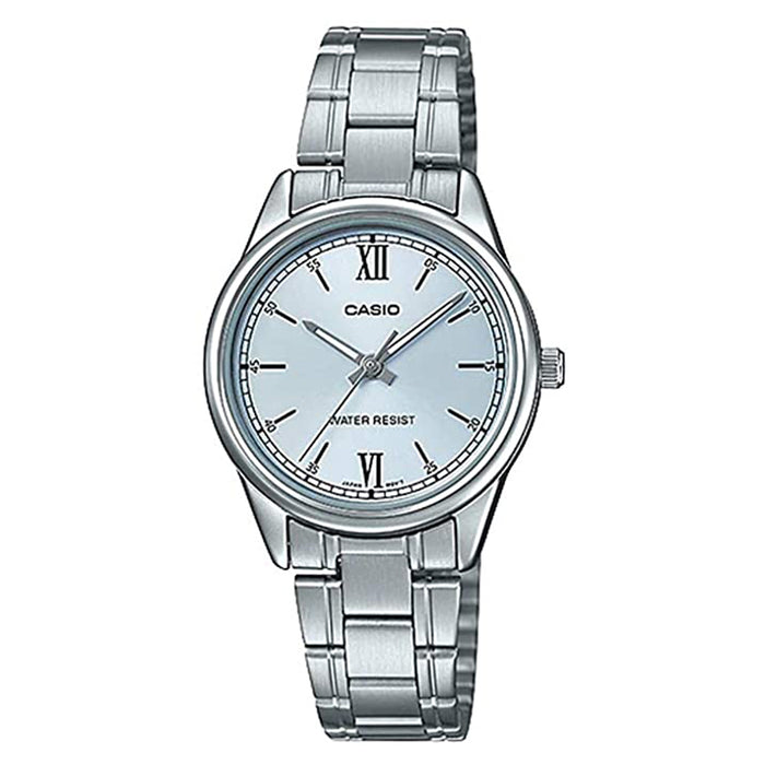 Casio Womens Standard Stainless Steel Pale Blue Dial Silver Band 3-Hand Analog Watch - LTP-V005D-2B3UDF