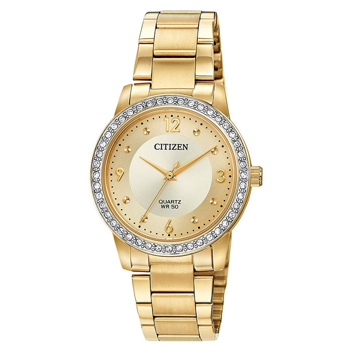 Citizen Womens Off-White Gold Dial Two Tone Band Stainless Steel Crystals Quartz Watch - EL3092-86P