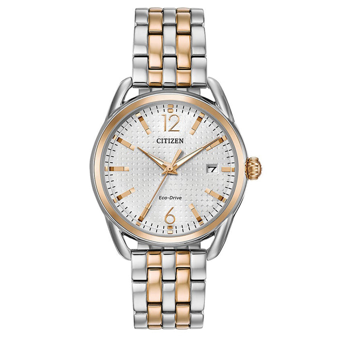 Citizen Eco-Drive Womens Silver/Rose Gold Stainless Steel Band Silver Quartz Dial Watch - FE6086-74A